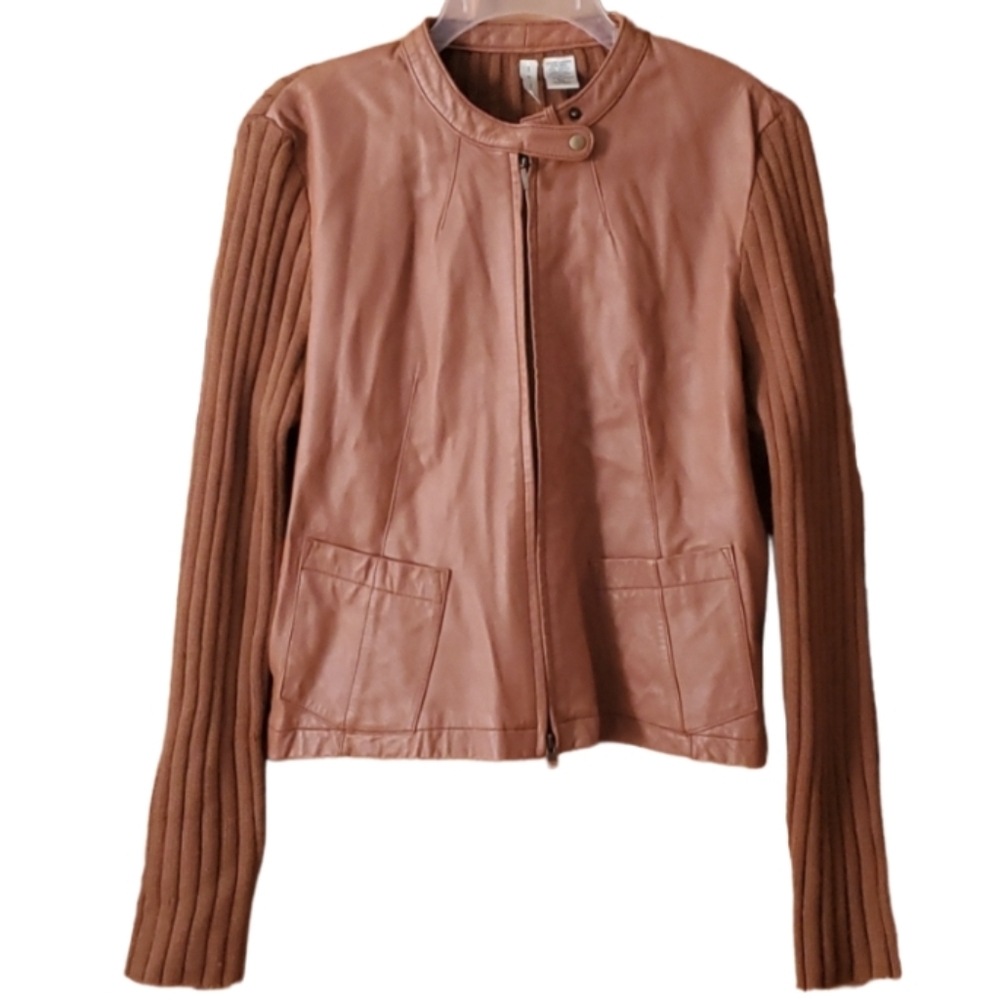 Twiggy Womans Tan‎ Leather Sweater Zip Jacket Size XL